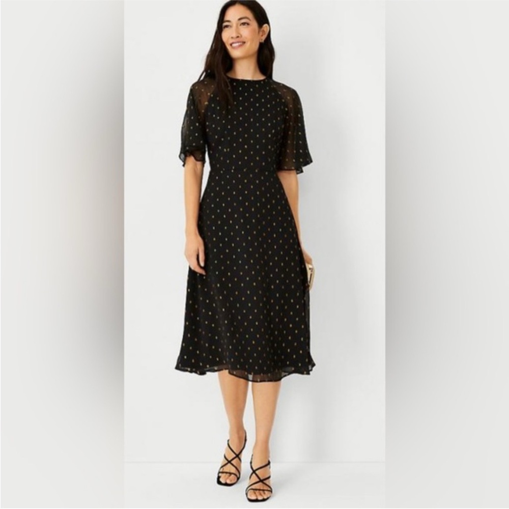 Ann Taylor Black Midi Dress with Gold Dots